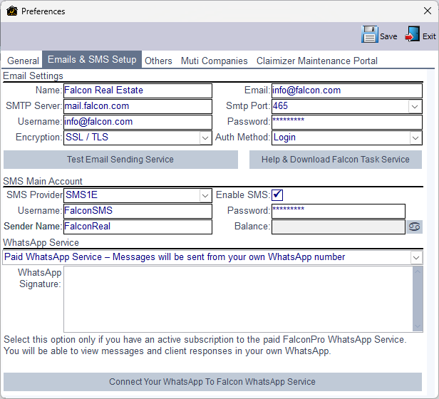 Setting Up Email, SMS, and WhatsApp Services in FalconPro Real Estate Software